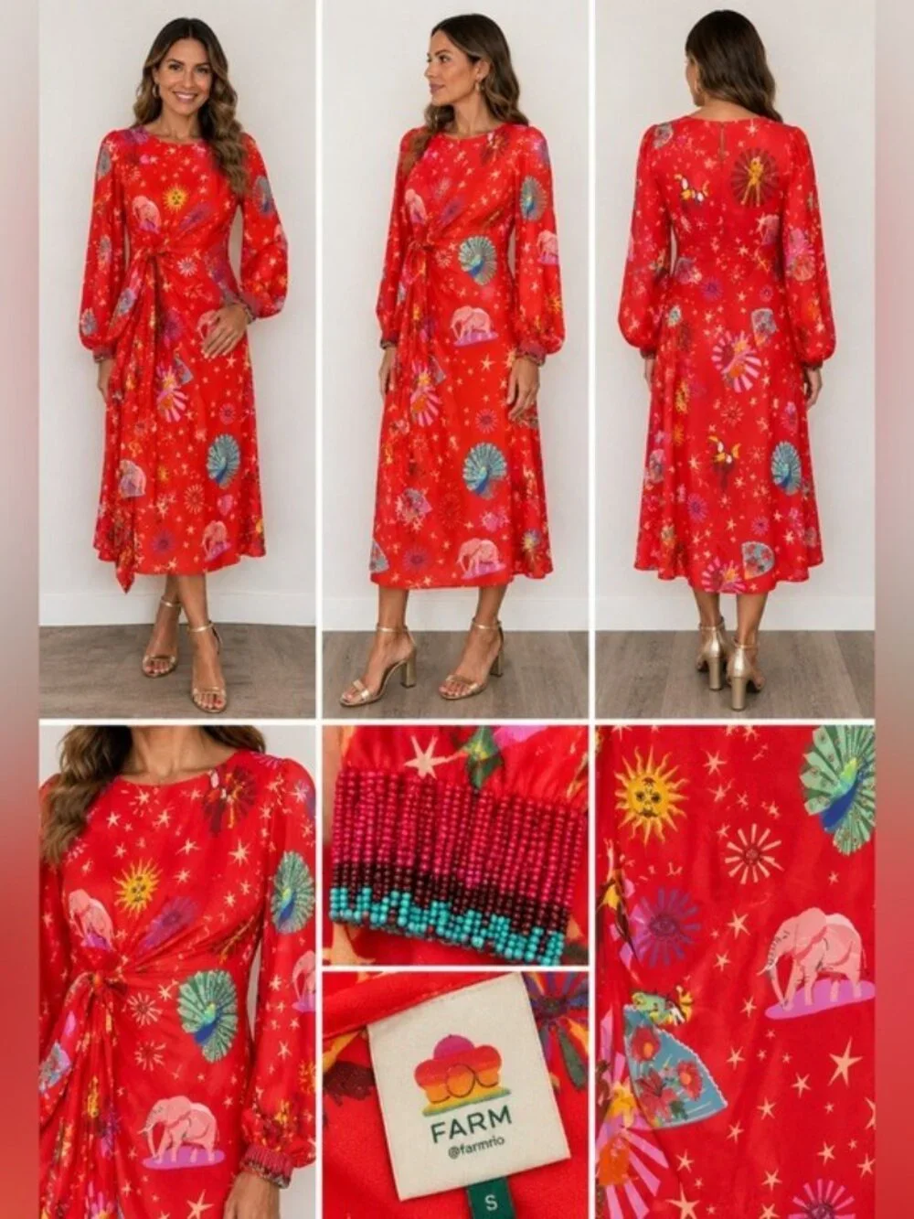 Farm Rio Red Lotus Star Twist Midi Dress Small Long Sleeve Tie Waist Boho - Picture 15 of 16